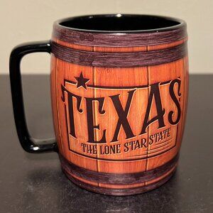 TEXAS THE LONE STAR STATE Simulated Whiskey Barrel Ceramic Mug ~ Souvenir